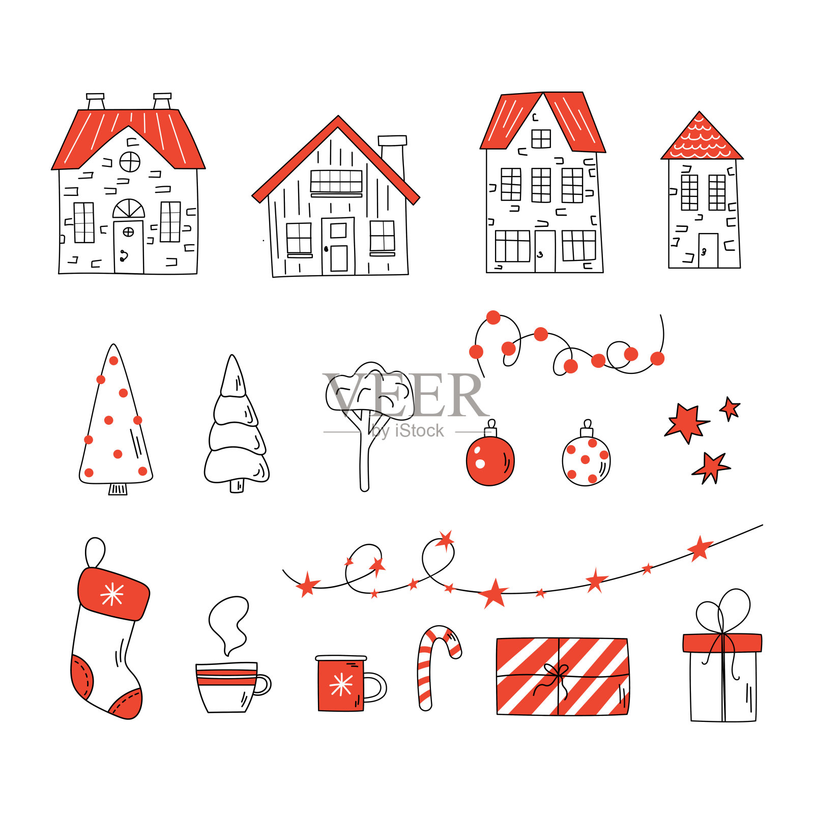 一套黑色，红色和白色的圣诞线艺术涂鸦图标。圣诞节，新年的概念。用于贺卡，印刷，设计，织物，瓷器和装饰插画图片素材