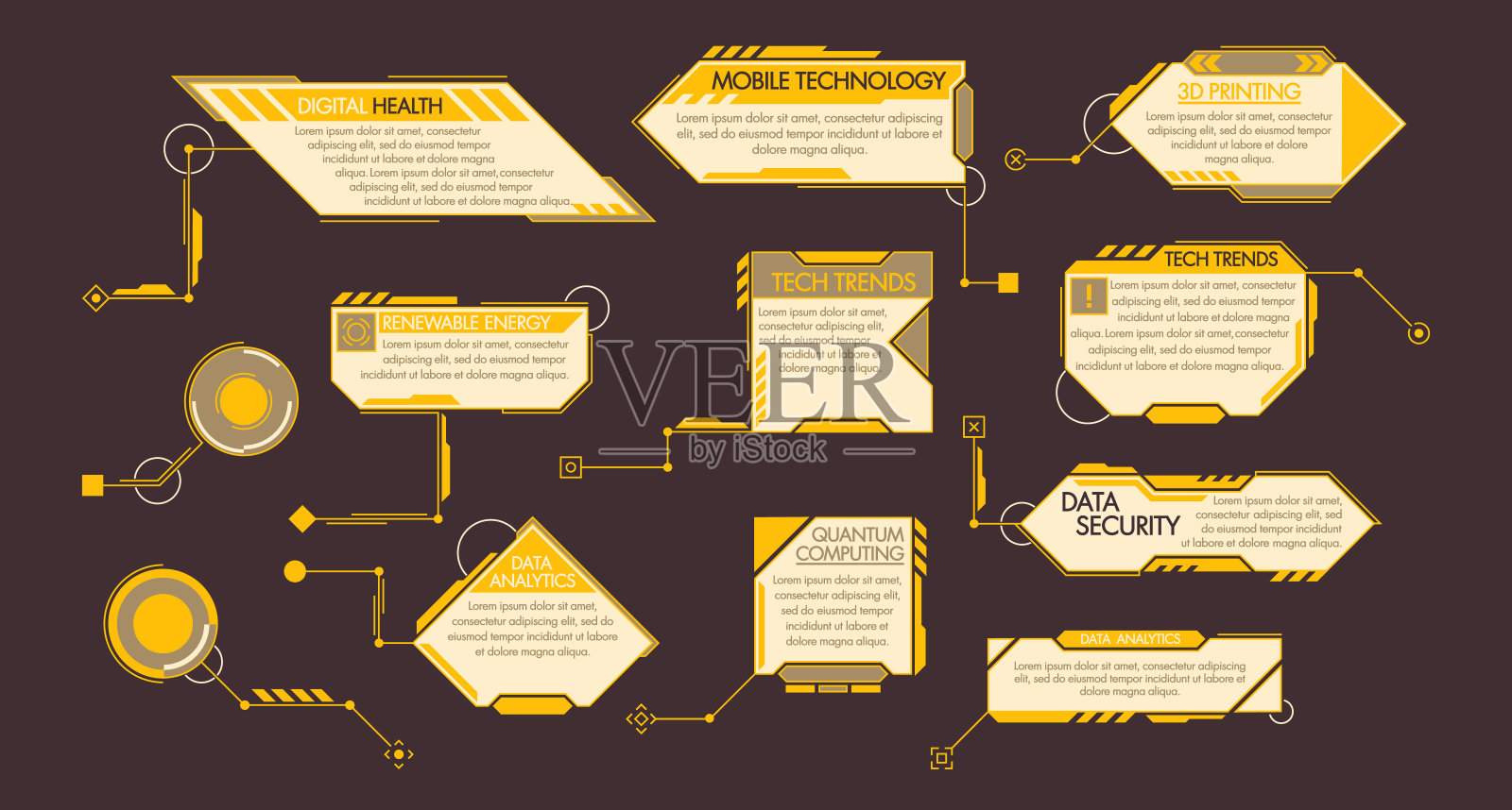 黄色脚注或标注屏幕。数字媒体中的交互式信息叠加，提供上下文，引用插画图片素材