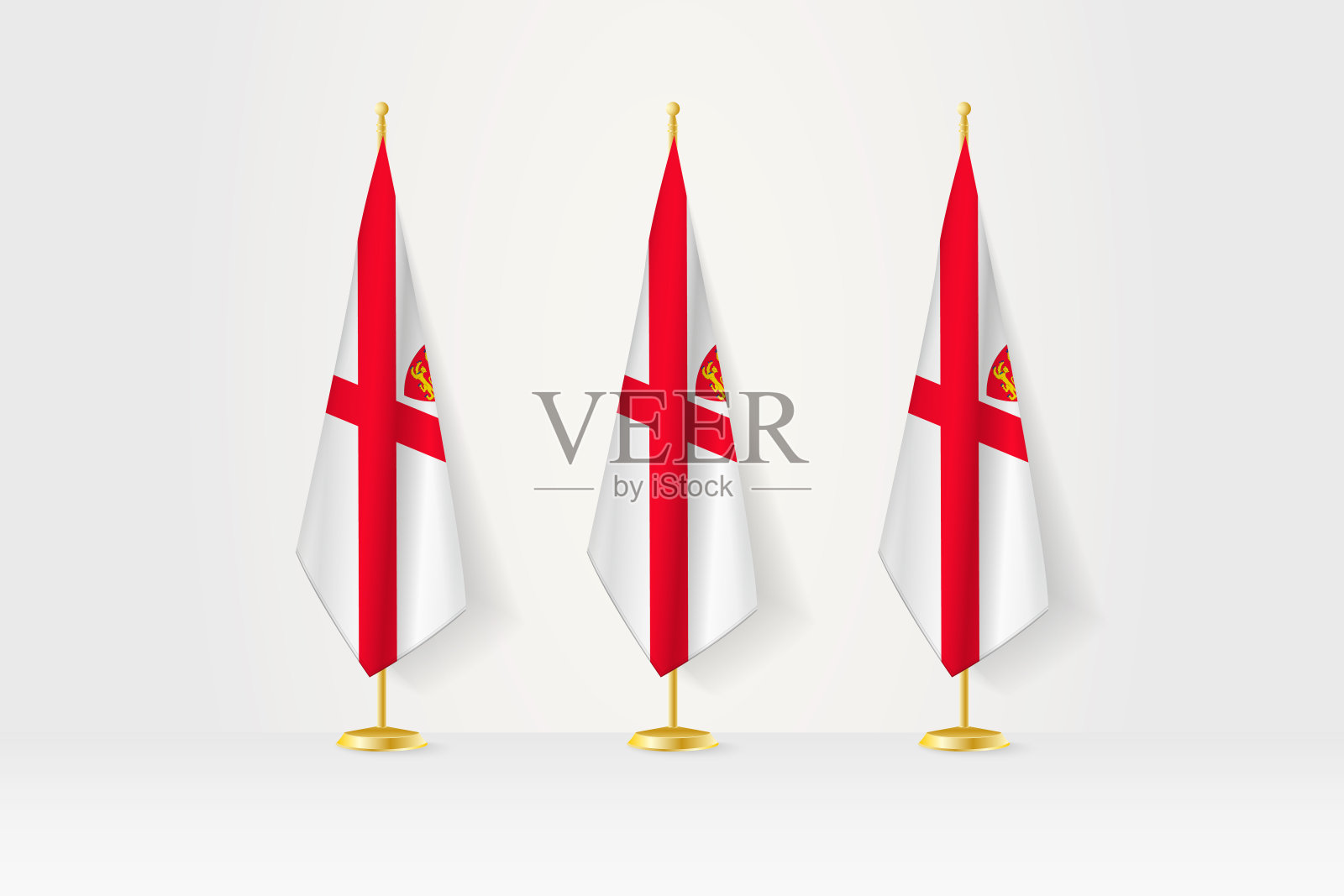 三面泽西国旗在金色的看台上排成一排，这是新闻发布会和其他会议的插图。插画图片素材