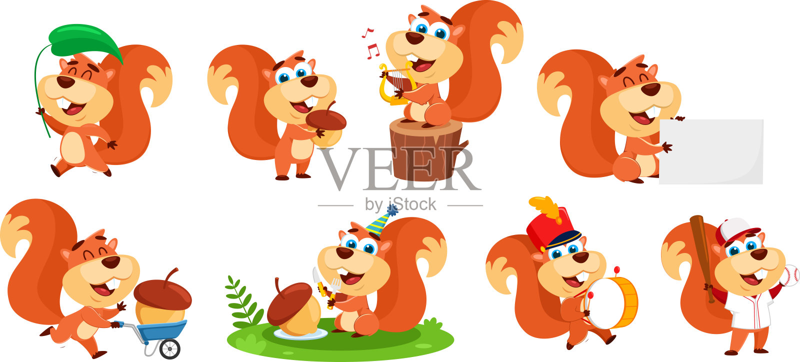 可爱的松鼠卡通人物在不同的姿势。矢量平面设计集合集插画图片素材