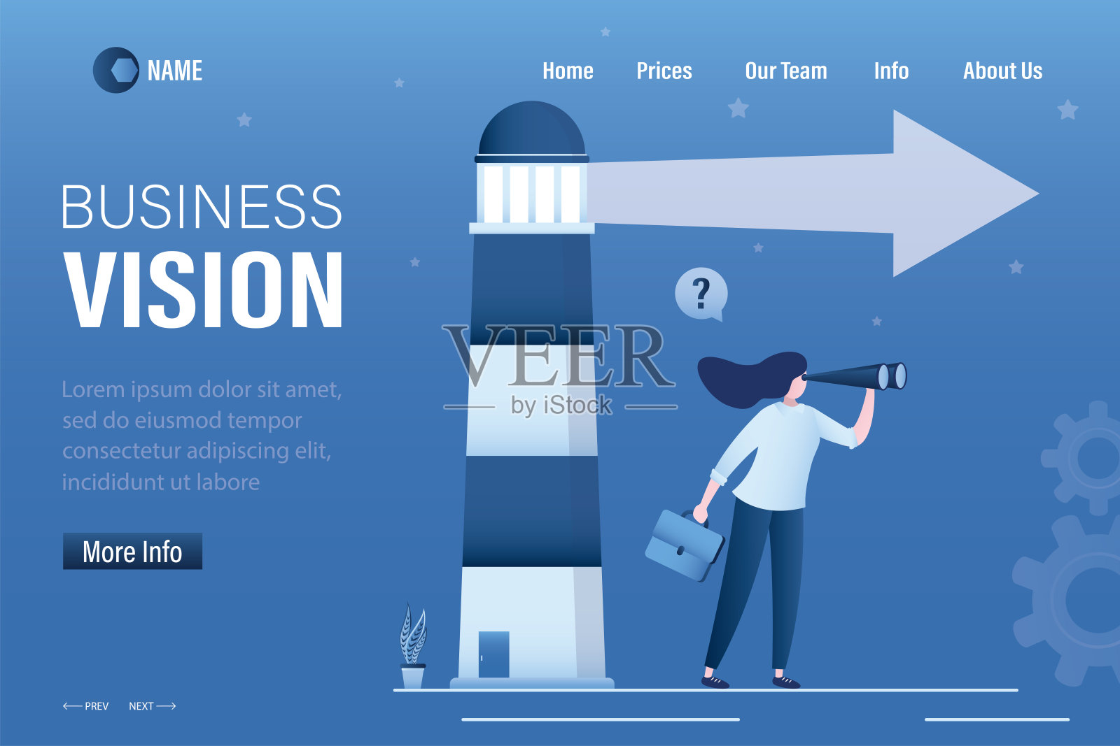 商业愿景，登陆页面模板。精明的女企业家望着望远镜，灯塔指点成功之路，赢利之路。业务概念导航，前瞻性，战略分析插画图片素材