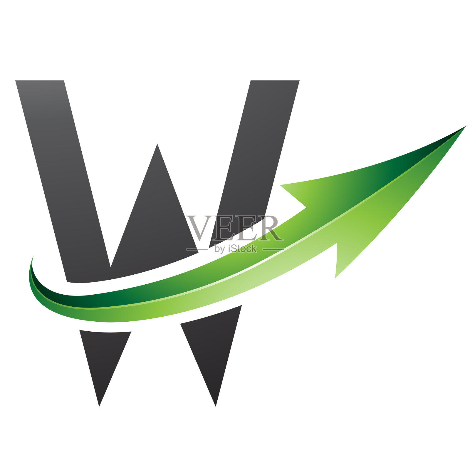 绿色和黑色未来主义字母W图标与光滑的箭头插画图片素材