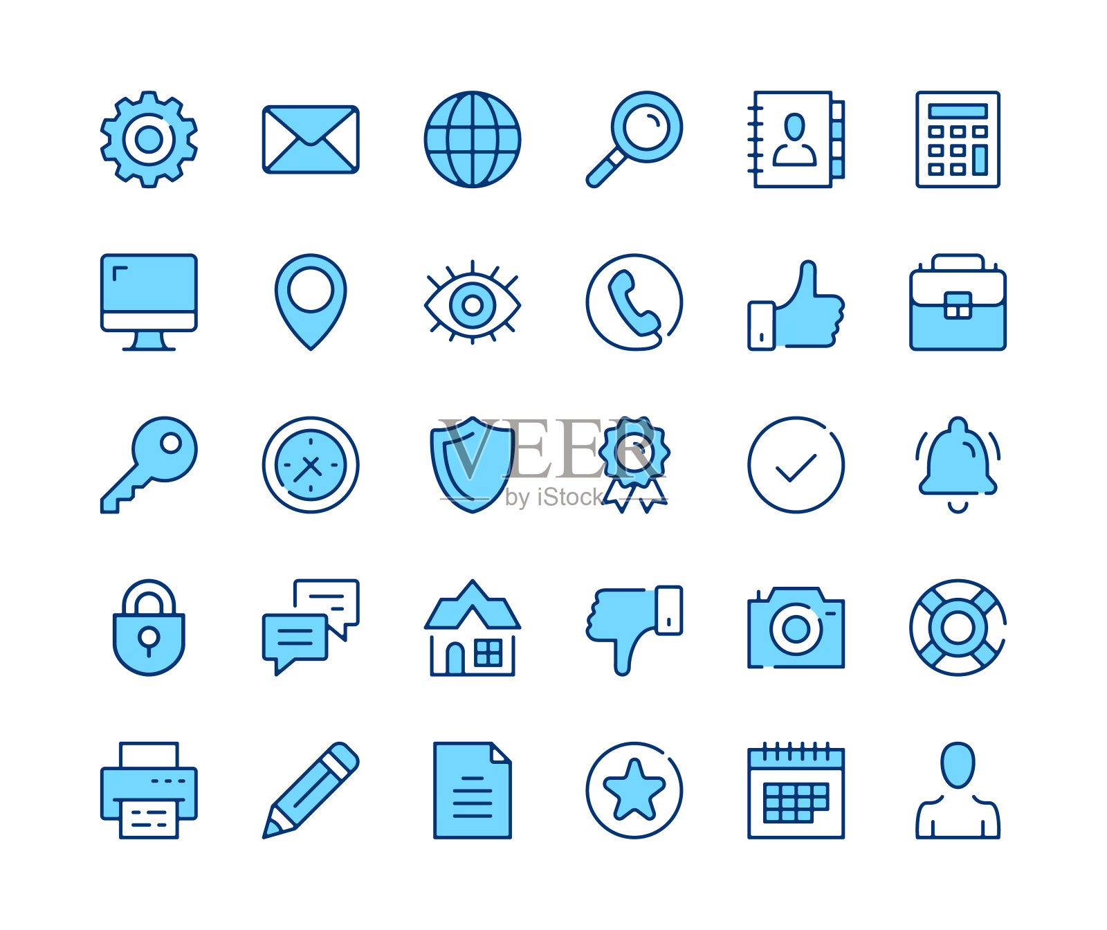 基本图标集。矢量线图标。蓝色轮廓笔画符号。现代概念插画图片素材