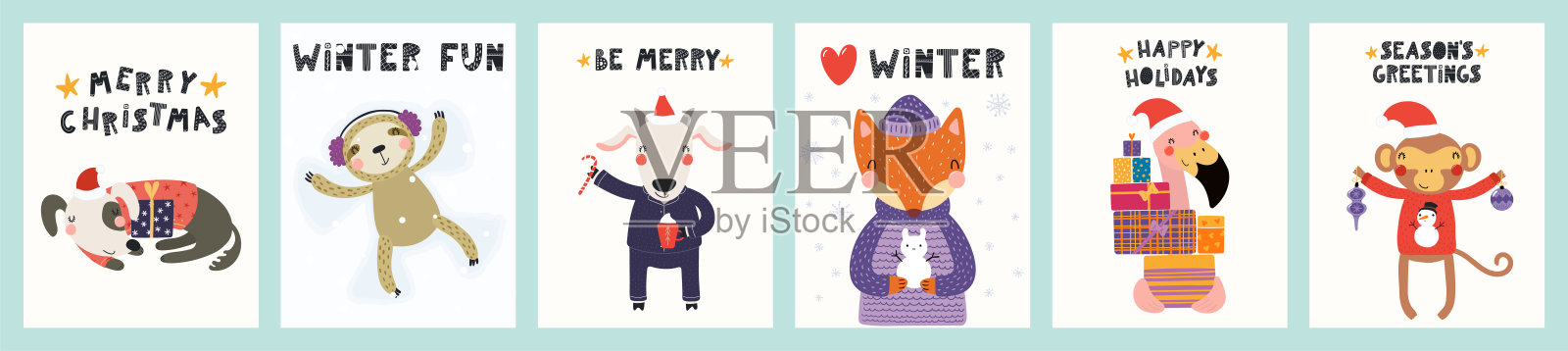 可爱的动物圣诞贺卡集插画图片素材