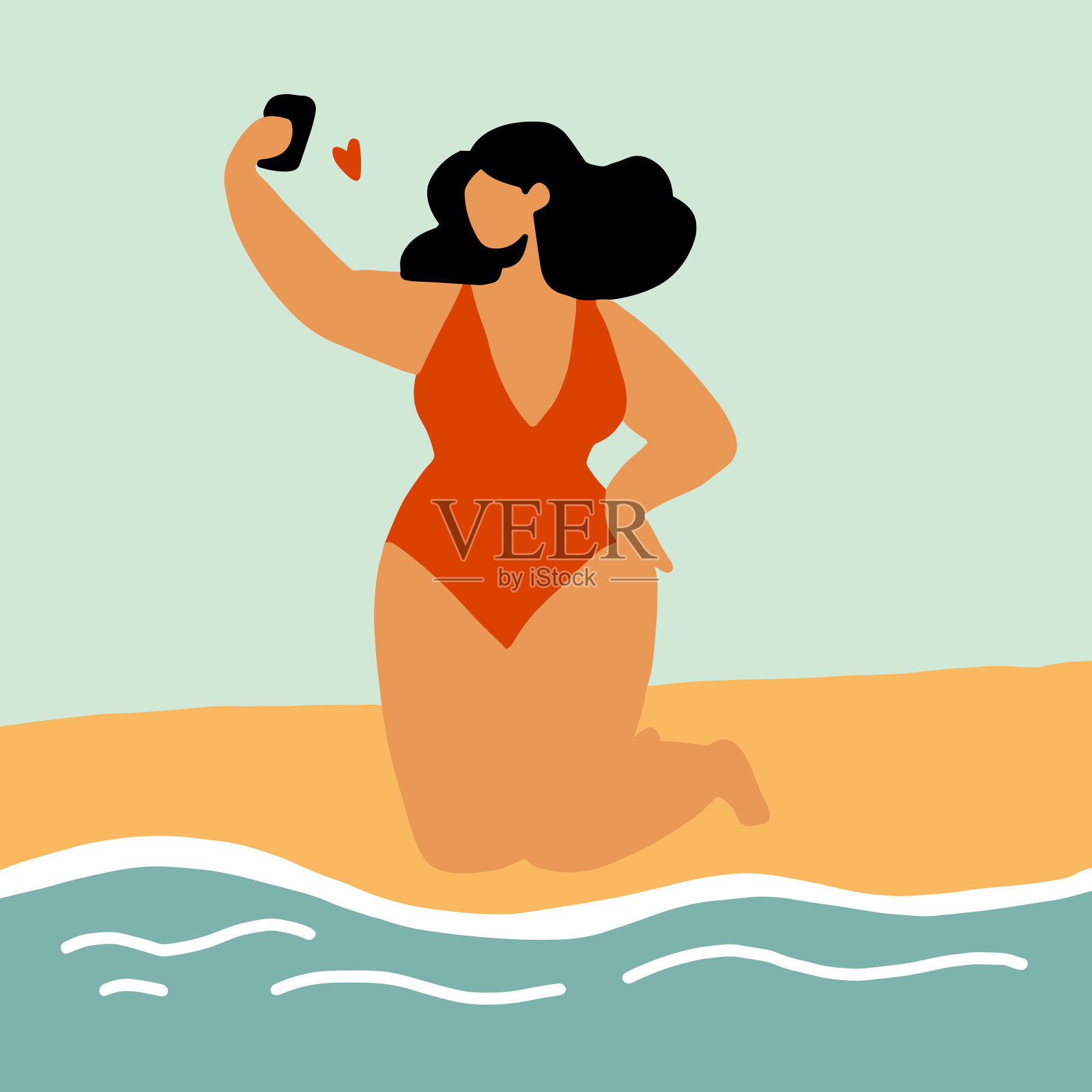 穿着橙色泳衣的自信女子在沙滩上自拍插画图片素材