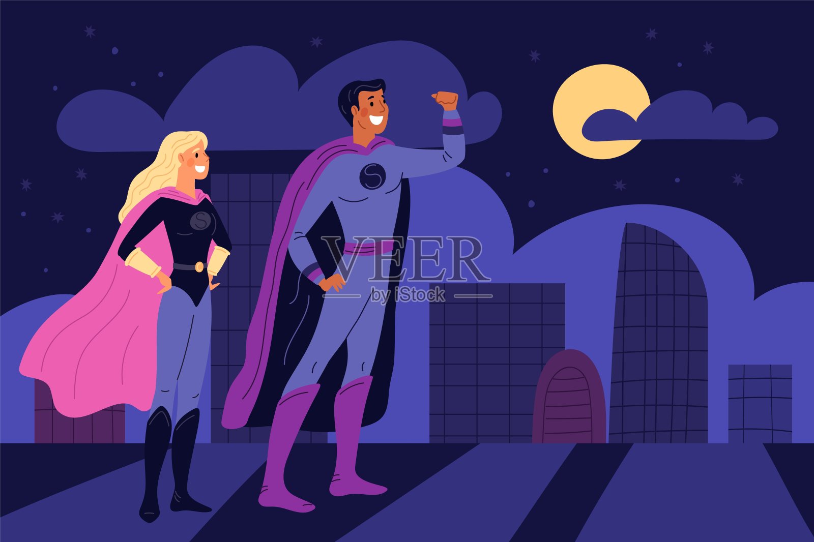 超级英雄队在城里。穿着英雄服装的卡通强人夫妇。漫画人物。超级英雄站在屋顶上。人们在夜晚的街道上与恶魔战斗。格里什矢量概念插画图片素材