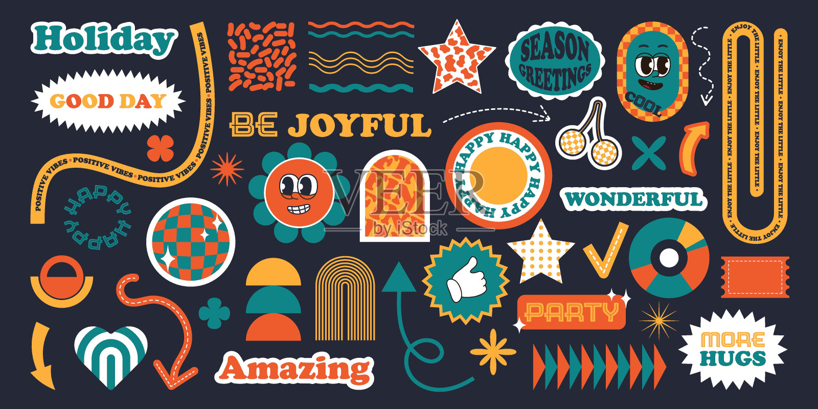 一套千年虫风格的贴纸。积极和节日的短语和单词。时尚元素。插画图片素材