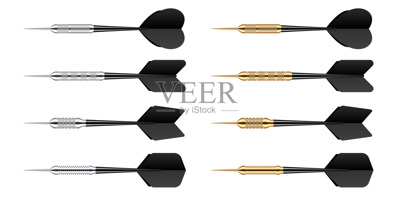 黑色飞镖箭头与金属尖端隔离在白色背景。投掷飞镖运动游戏，飞镖器材。矢量图插画图片素材