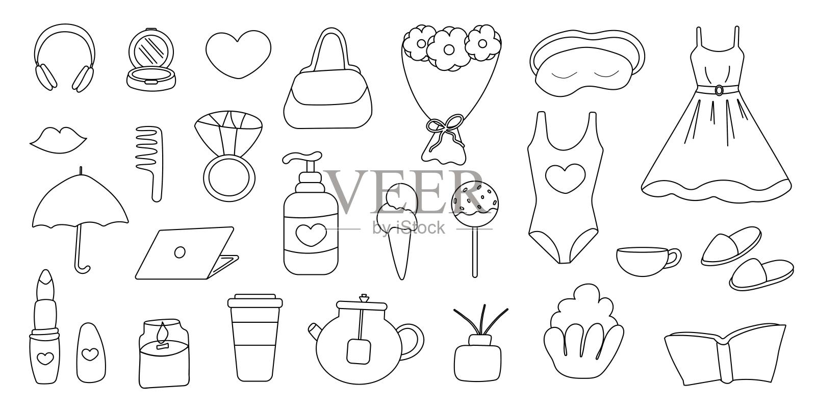 芭比娃娃集元素粉线涂鸦娃娃插画图片素材