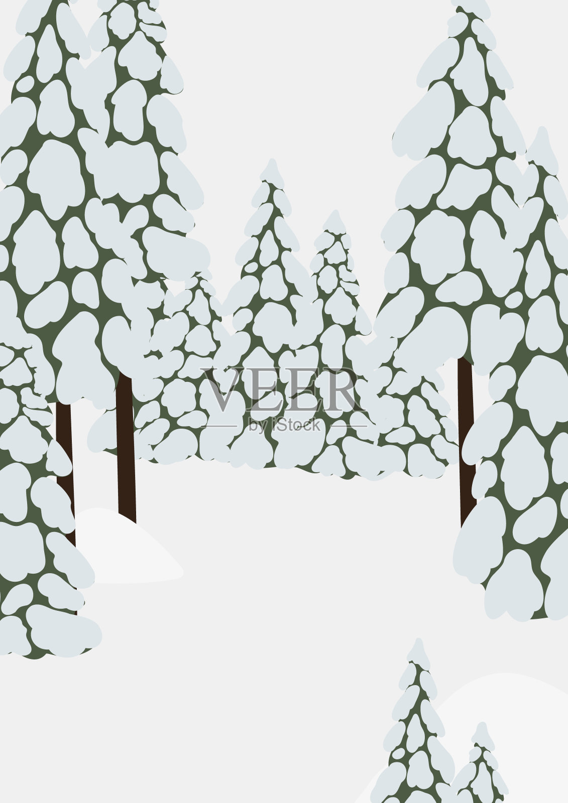 冬季雪景剪贴画，场景背景矢量插图，森林风景墙艺术打印，山村可打印海报，冬季数字下载卡，房子平面风格图像。插画图片素材