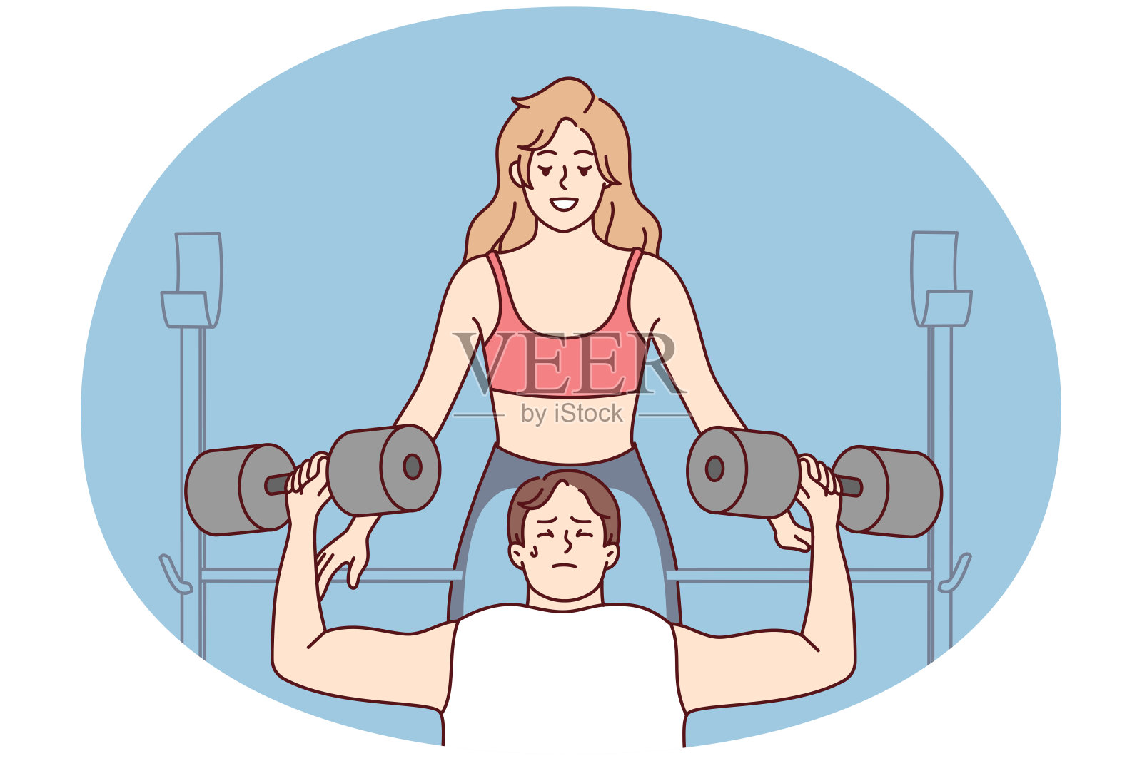 女教练在健身房帮助男客户插画图片素材