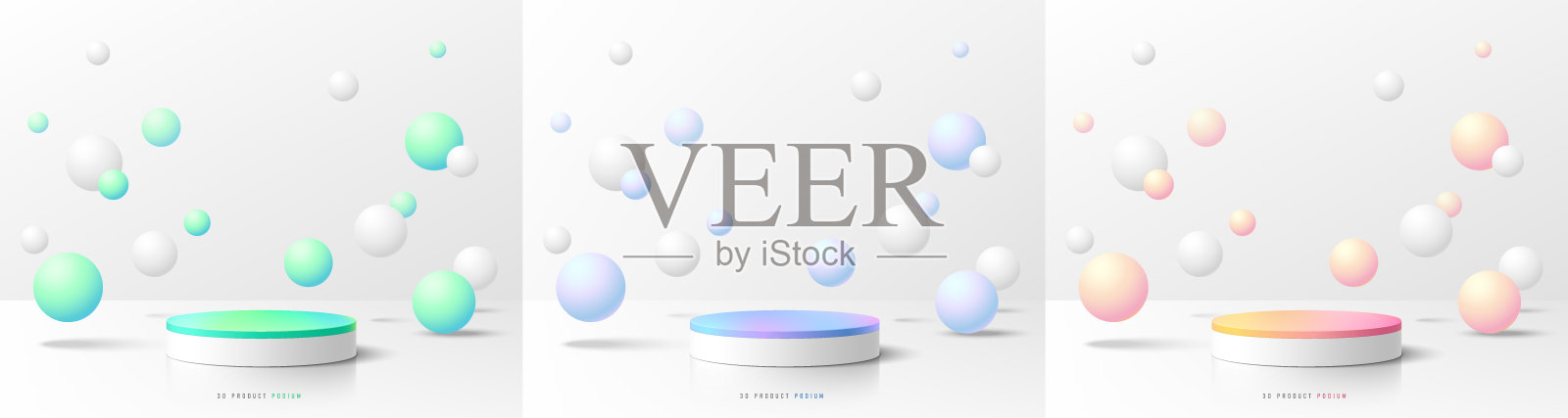 一套3D背景白色圆柱裙台与反弹球在绿色，蓝色和粉红色的颜色。平台模型产品展示演示。抽象的几何构图在最小的设计。插画图片素材