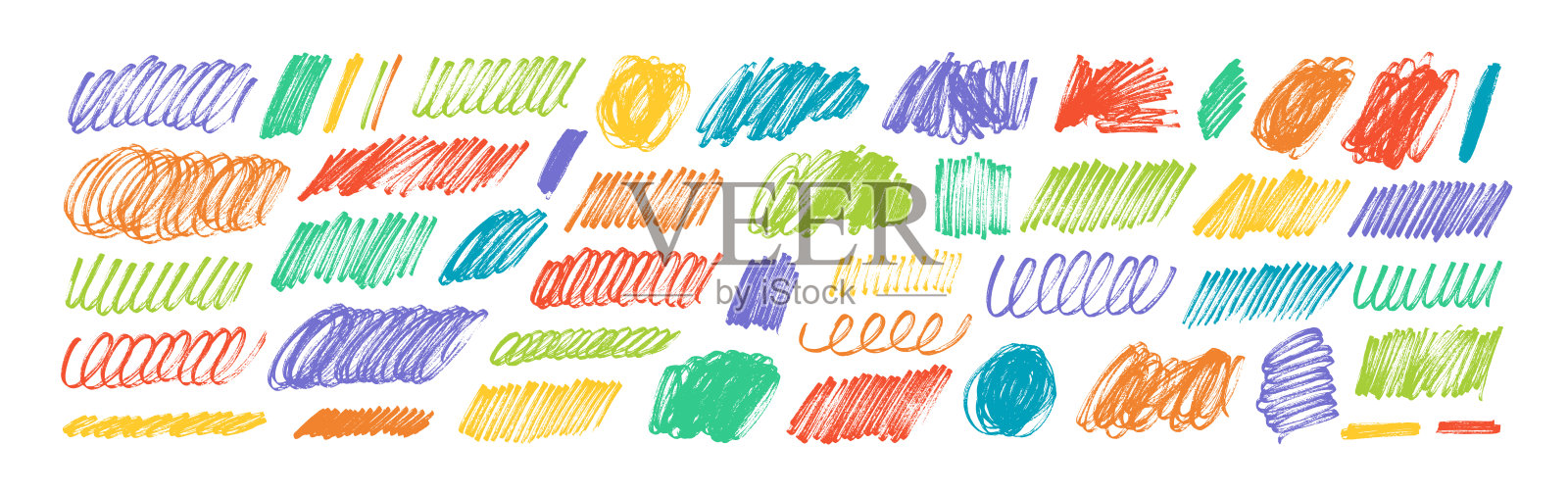 各种彩色记号笔涂鸦和卷曲的线条。插画图片素材