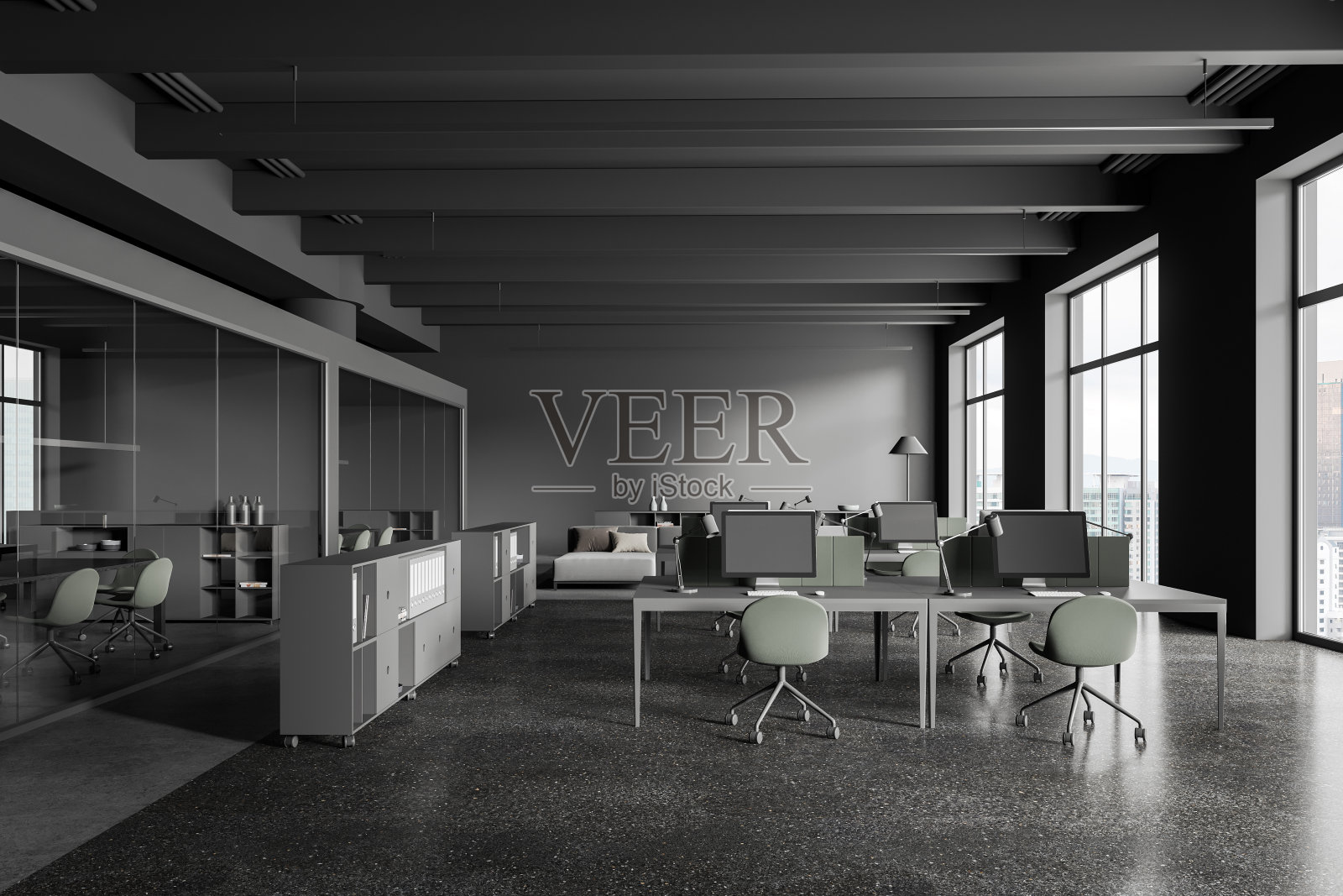 灰色的办公室内部设有工作区和会议室，全景窗户照片摄影图片