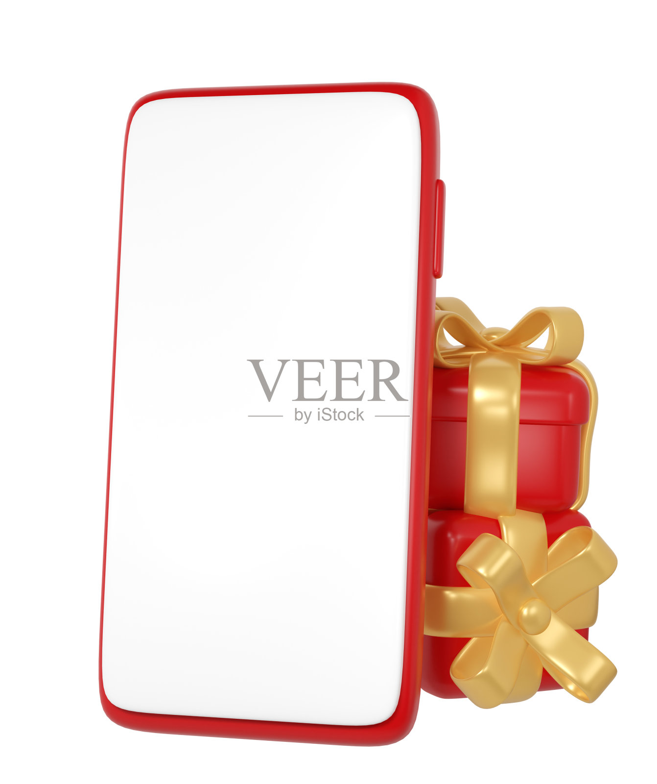 3d红色圣诞礼盒图标与金色丝带蝴蝶结和模拟电话。渲染现代节日。现实的图标为目前的购物横幅或海报照片摄影图片