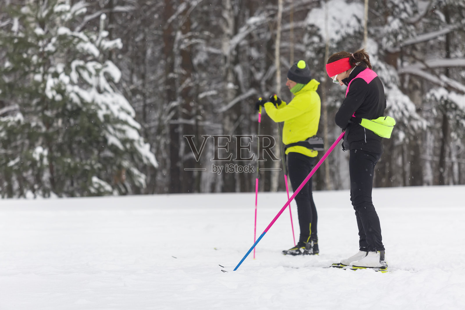 一对滑雪者正准备在森林里进行越野滑雪照片摄影图片