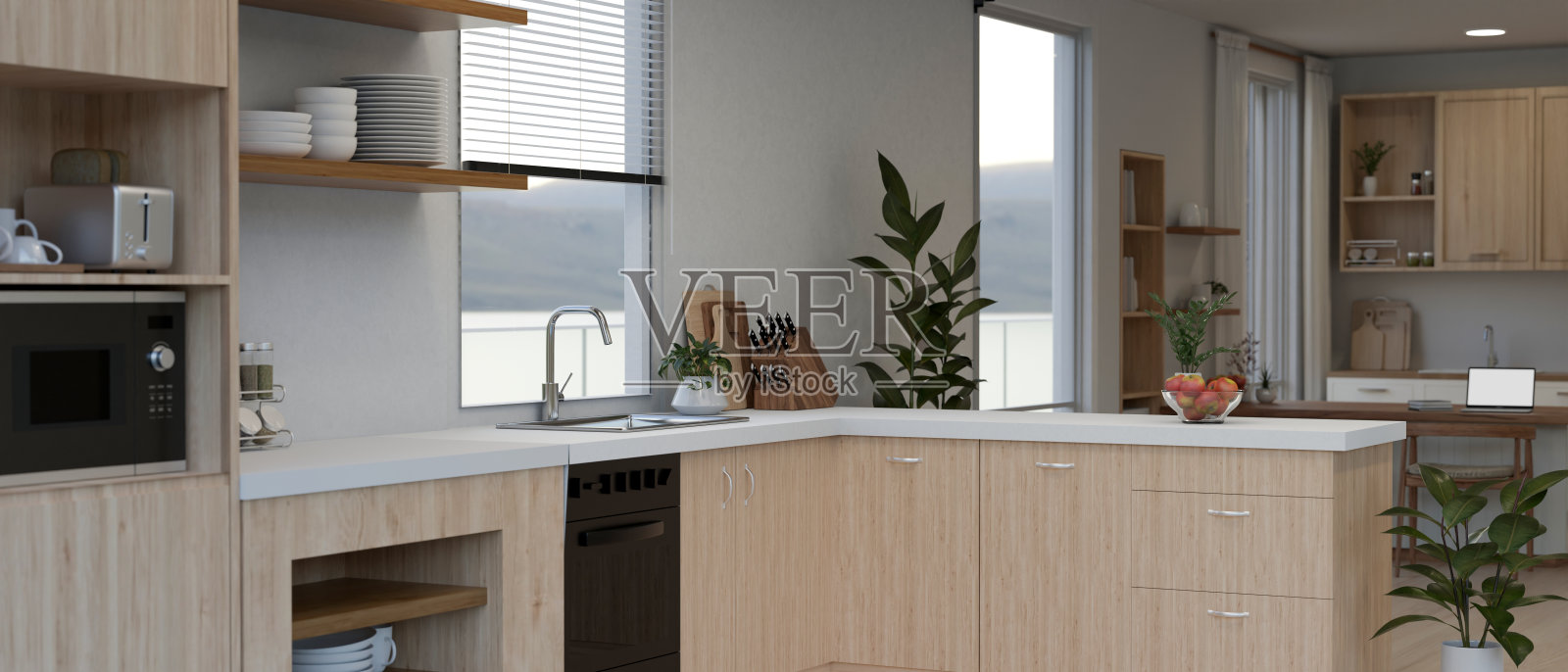 室内设计的现代，极简主义厨房与厨房柜台，水槽和厨房用具。照片摄影图片