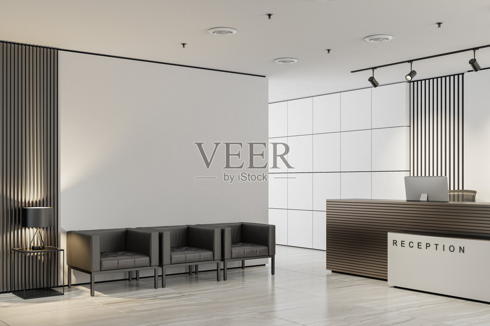 现代化的办公室内部接待区，大桌子照片摄影图片