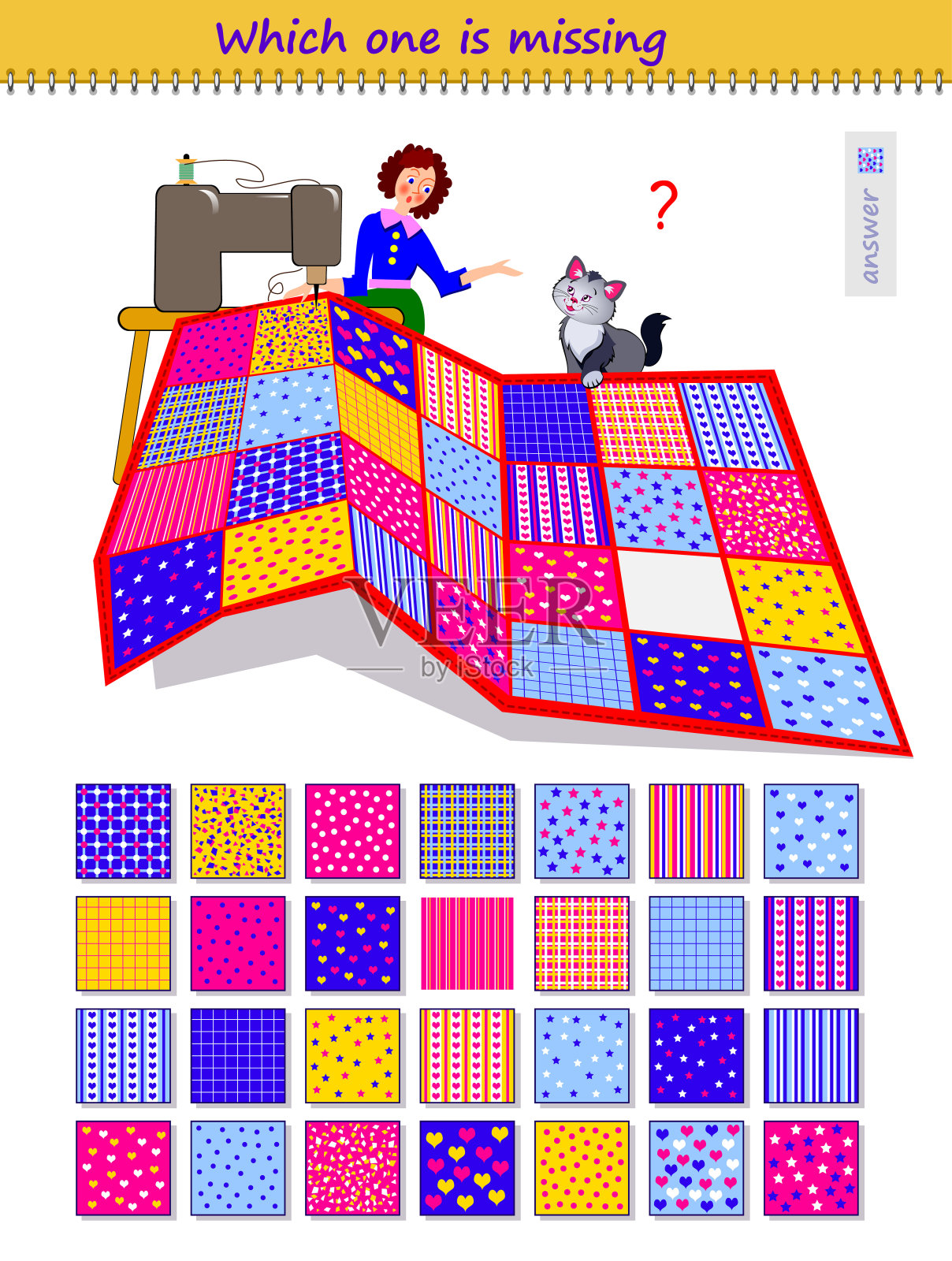 逻辑益智游戏为儿童和成人。地毯上少了哪个图案?老年人记忆训练练习。儿童脑筋急转弯书页。智商测试。玩在线。插画图片素材