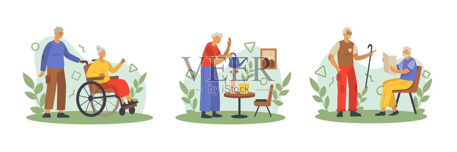 老人站在轮椅上的妻子旁边。老妇人在花盆里浇花插画图片素材