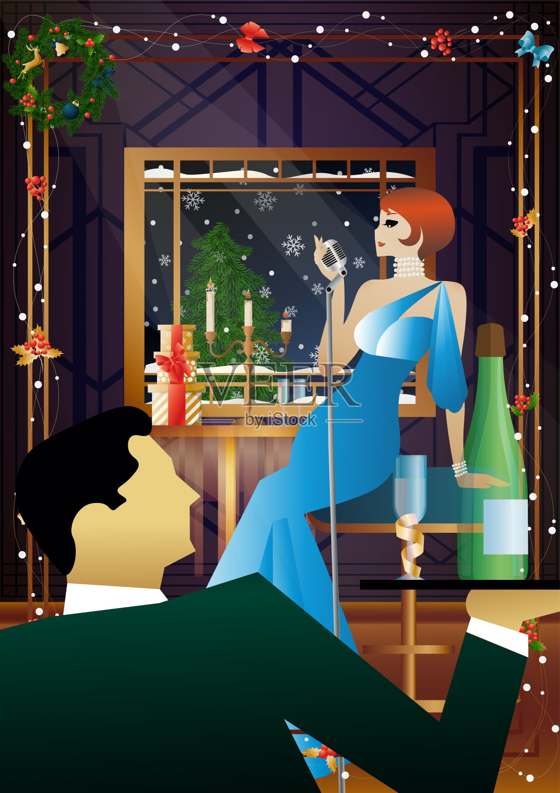 一个穿着复古连衣裙的年轻女子在窗口拿着一个复古的麦克风插画图片素材