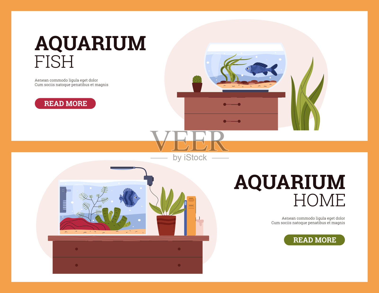 家庭水族箱网页横幅模板集。插画图片素材