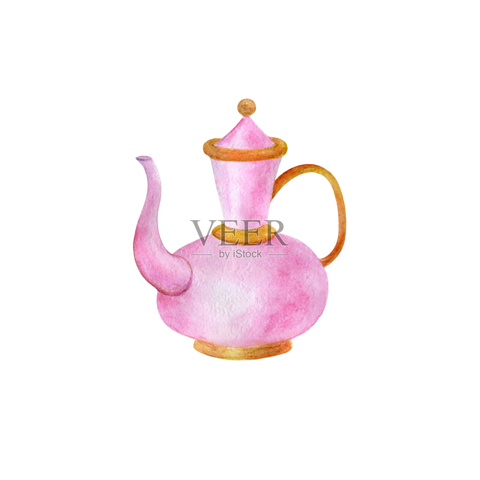 水彩插图的一个老式的粉红色咖啡壶与镀金插画图片素材