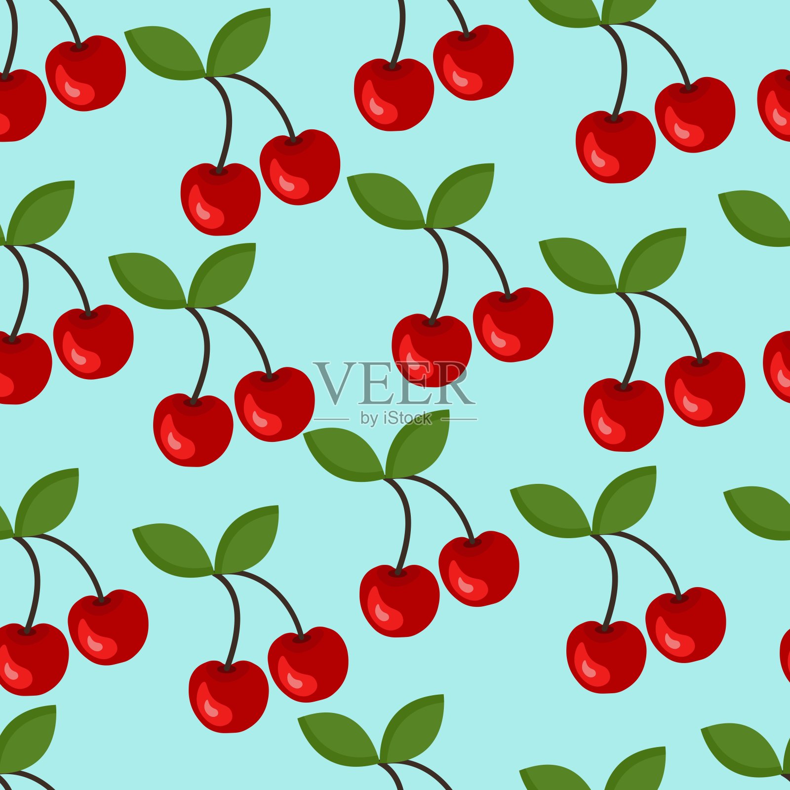 红色樱桃或蓝色背景上的樱桃图案。背景适用于面料、纺织品、壁纸、包装、照片打印，背景、纹理无缝插画图片素材