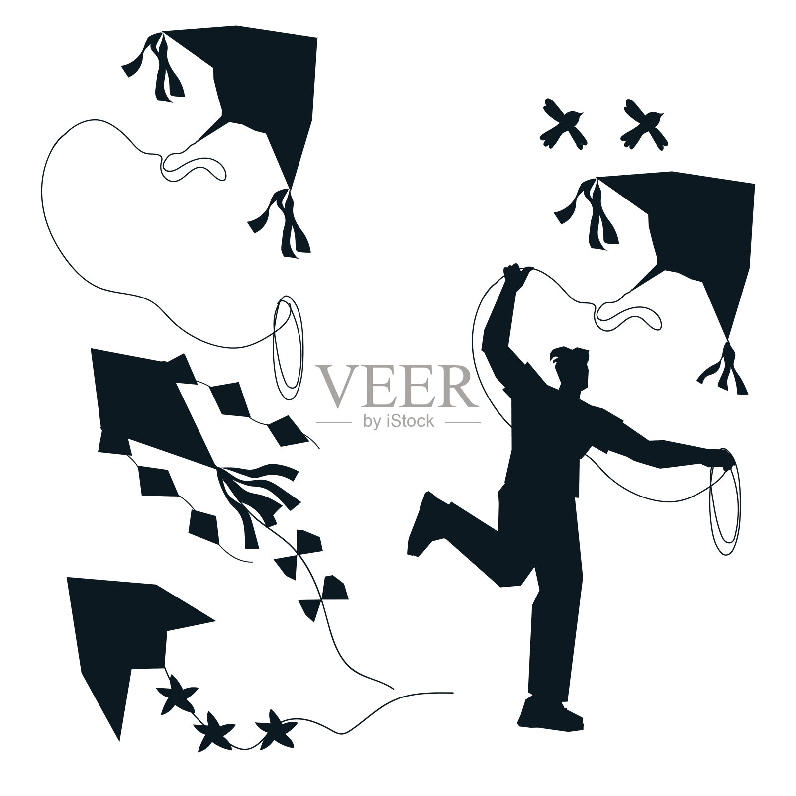 男人的剪影飞风筝为户外的乐趣或Makar Sankranti平面矢量。插画图片素材