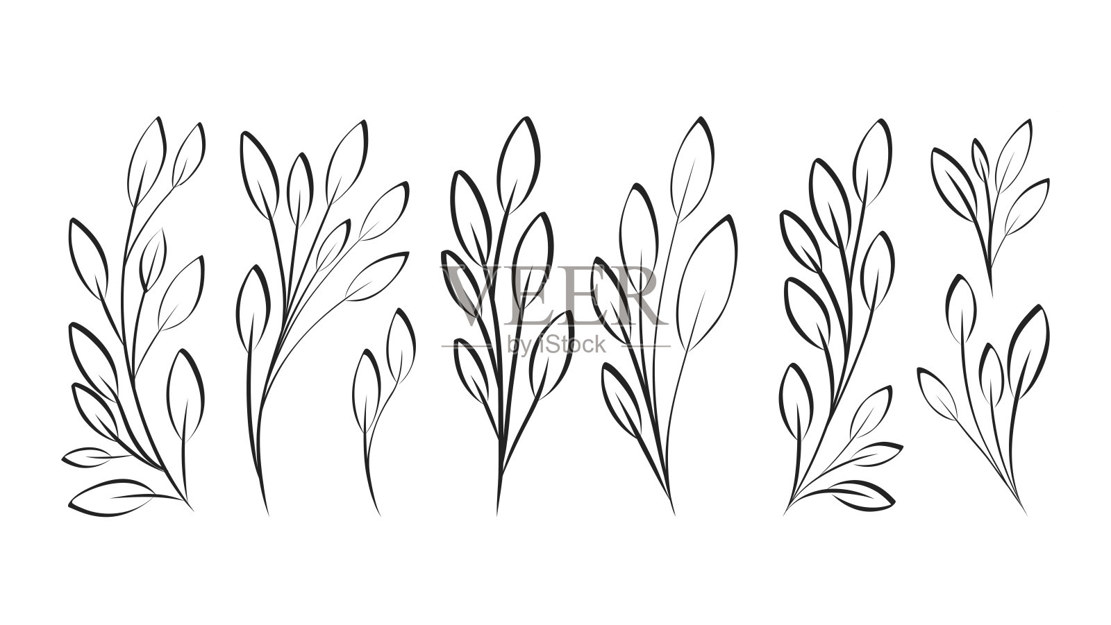 黑色和白色的装饰涂鸦树枝与树叶。一组植物孤立的矢量分支，素描风格。插画图片素材