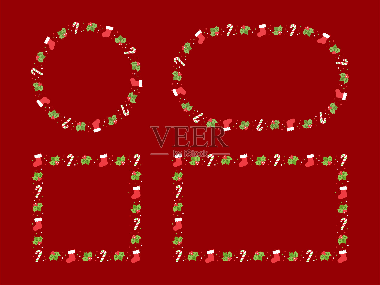 圣诞框架边界设置，冬季假期图形。可爱的槲寄生，圣诞老人袜子和糖果手杖图案，卡片和社交媒体后模板矢量插图。插画图片素材