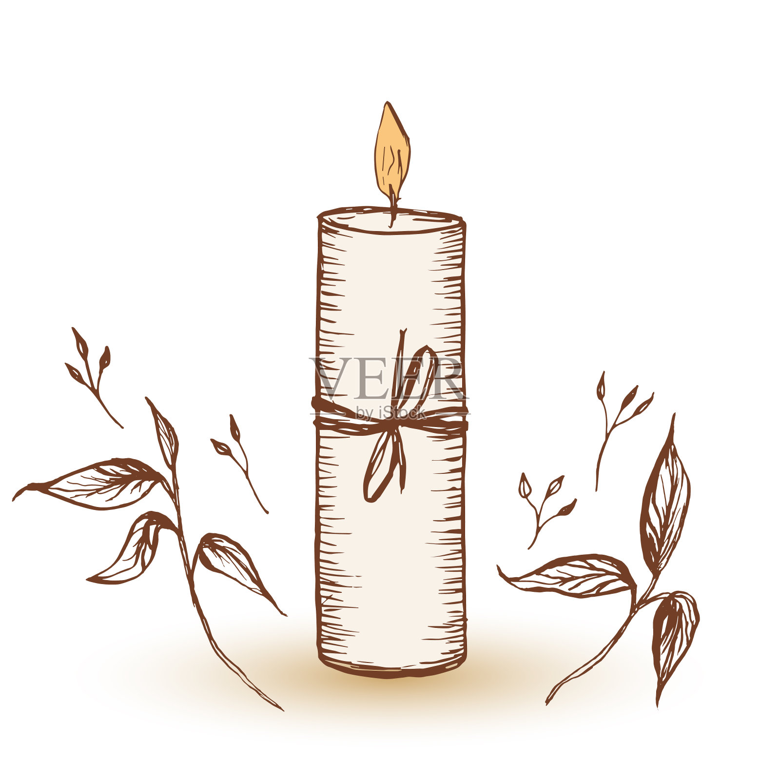 燃烧的香味自然蜡烛素描。舒适惬意的主题。典型芳香蜡烛插图。生态暖光源。插画图片素材