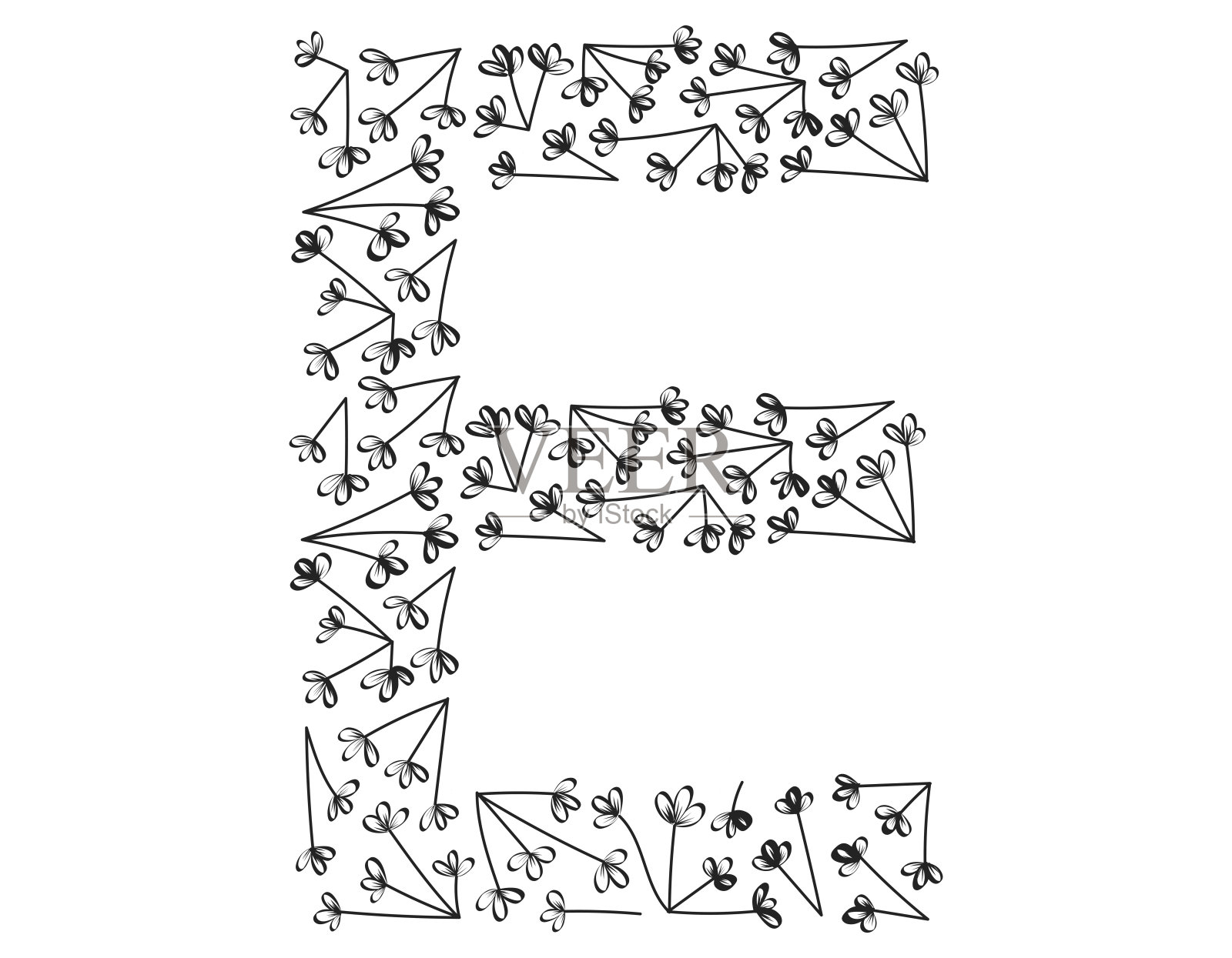 孤立的矢量装饰字母E的拉丁字母。植物字体，黑色素描树枝和树叶。插画图片素材