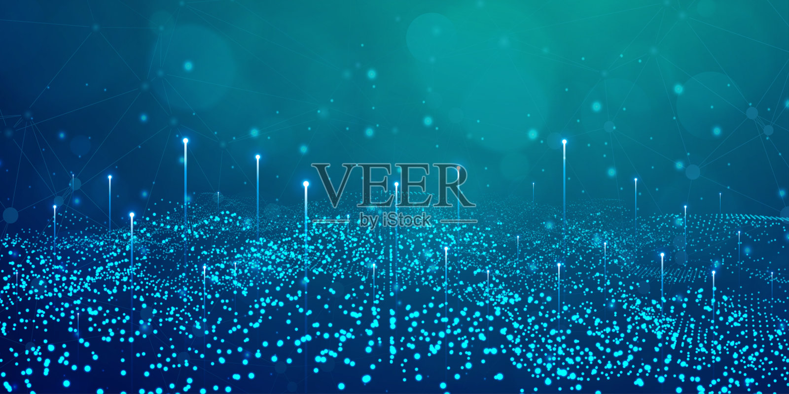 数字科技互联网网速连接蓝绿色背景，网络纳米信息，抽象通信，创新未来科技数据，Ai大数据线点，插画矢量3d插画图片素材