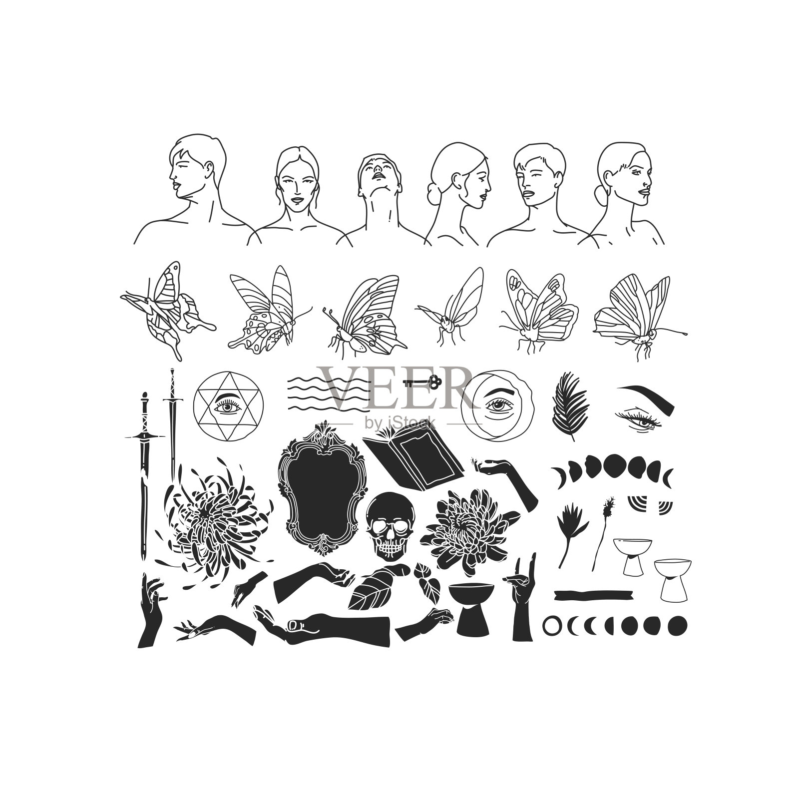 一套矢量图形线艺术蝴蝶，月亮，星星，线人轮廓和深奥的符号。炼金术神秘的魔法元素印刷，海报，插图。黑人精神神秘主义的对象。插画图片素材