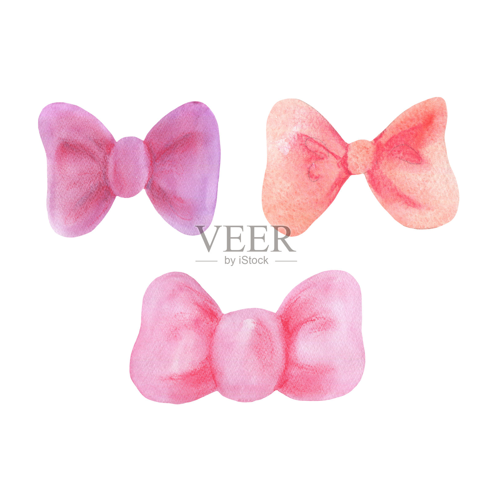 一套水彩插图。一套儿童风格的粉色蝴蝶结。元素的设计，贴纸，卡片，模板，元素的模式插画图片素材