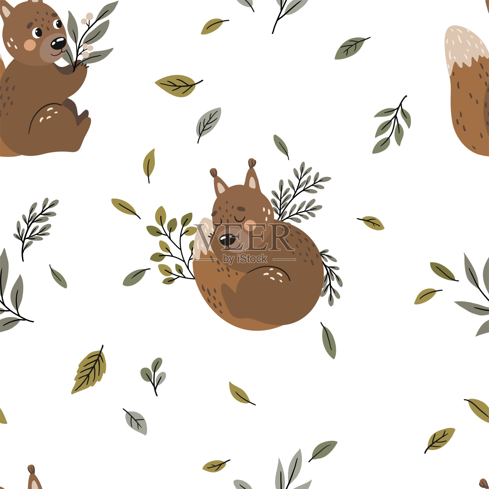矢量无缝图案，插图与可爱的小松鼠。插画图片素材