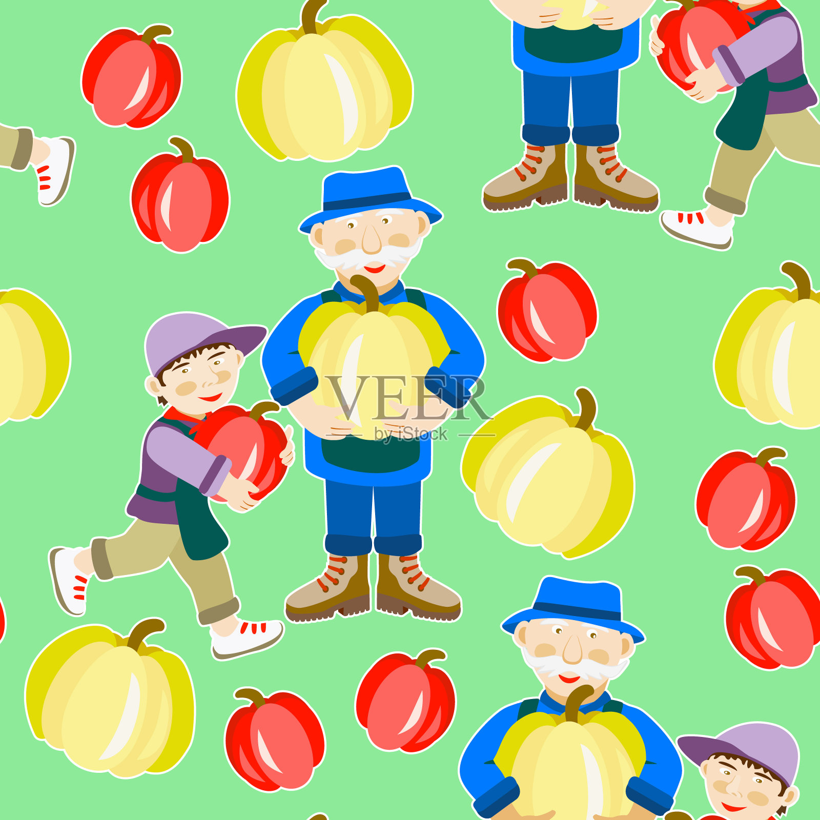 矢量-园丁收获南瓜，无缝图案。插画图片素材