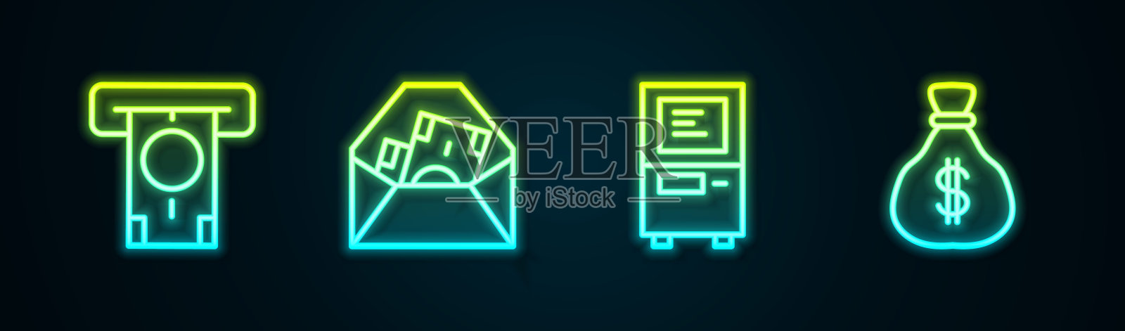 设置自动取款机和现金，有美元符号的信封和钱袋。发光的霓虹灯图标。向量插画图片素材