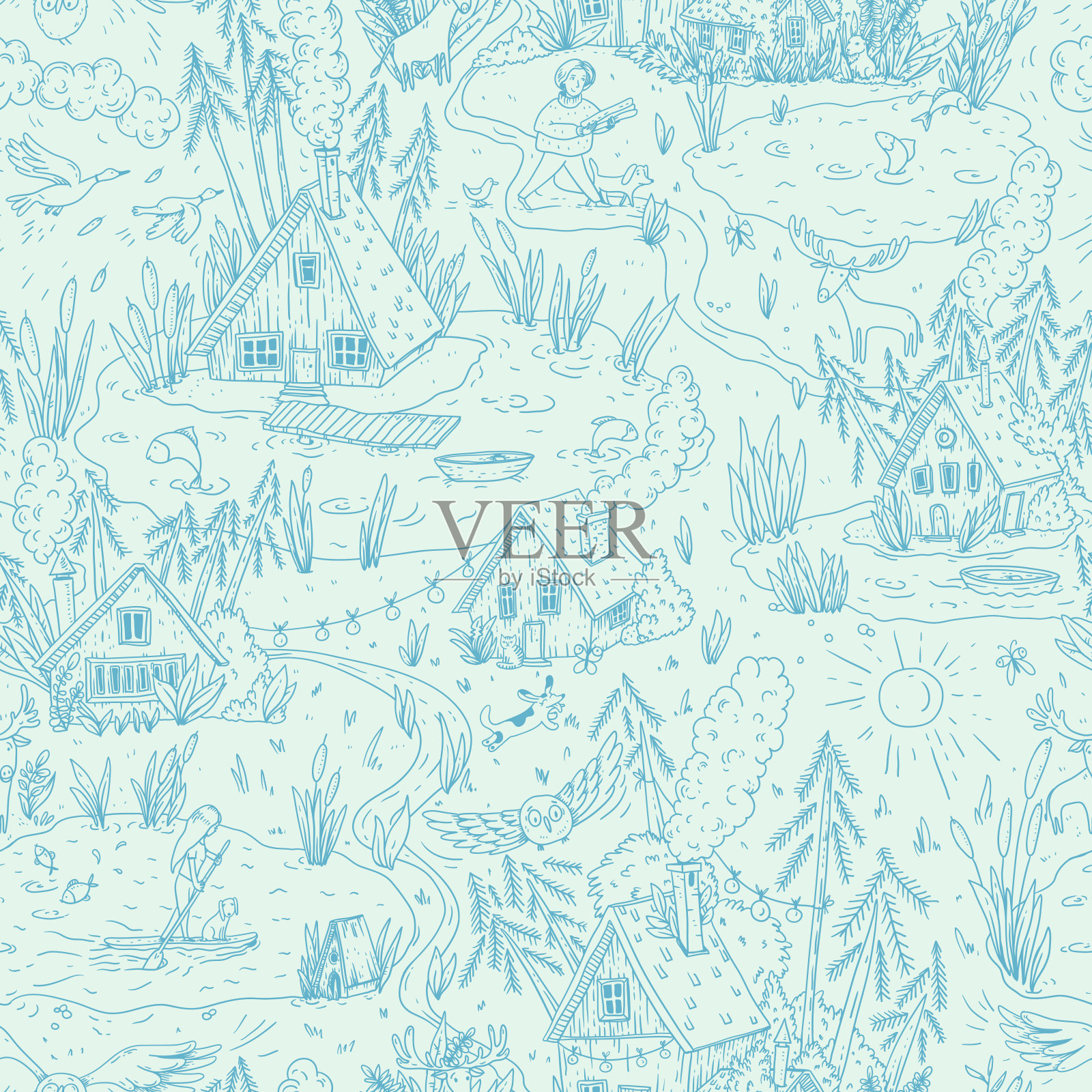 手绘矢量湖小屋无缝图案，质朴的森林房子纹理插画图片素材