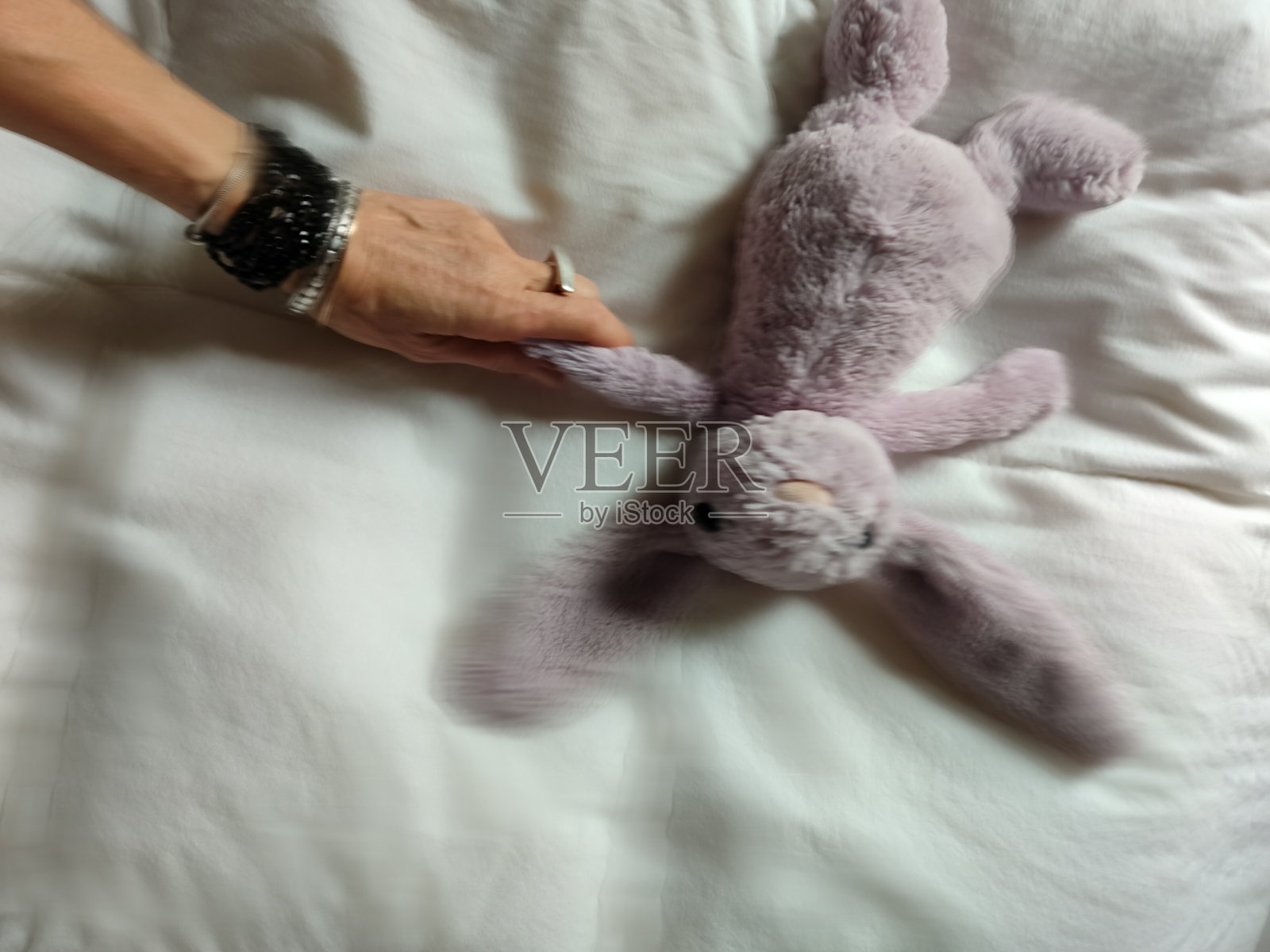 白色背景上的粉红色兔子毛绒玩具照片摄影图片