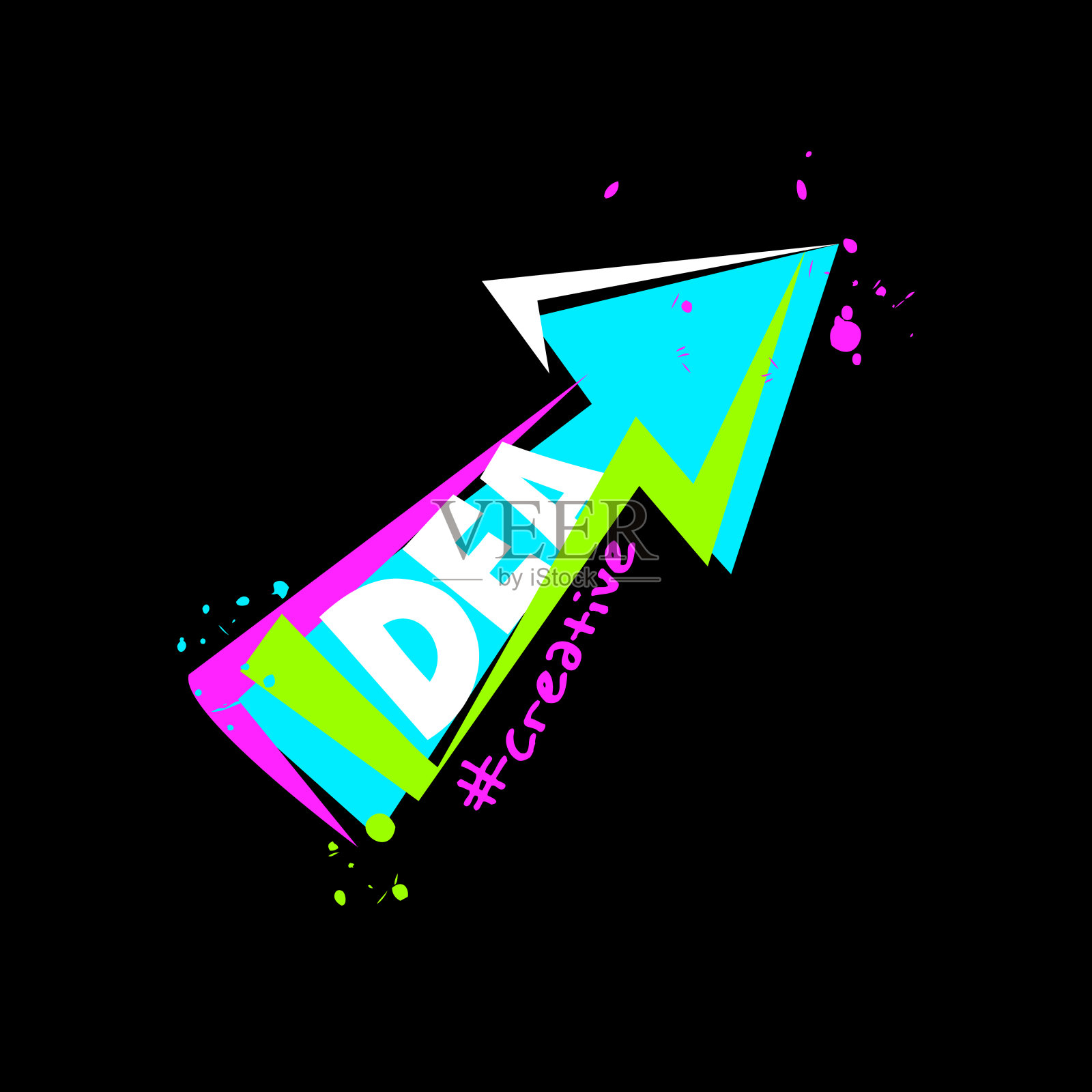 卡通风格的营销理念。明亮的创意箭头与折扣的想法和飞溅。时尚的艺术插图在黑色的背景。插画图片素材