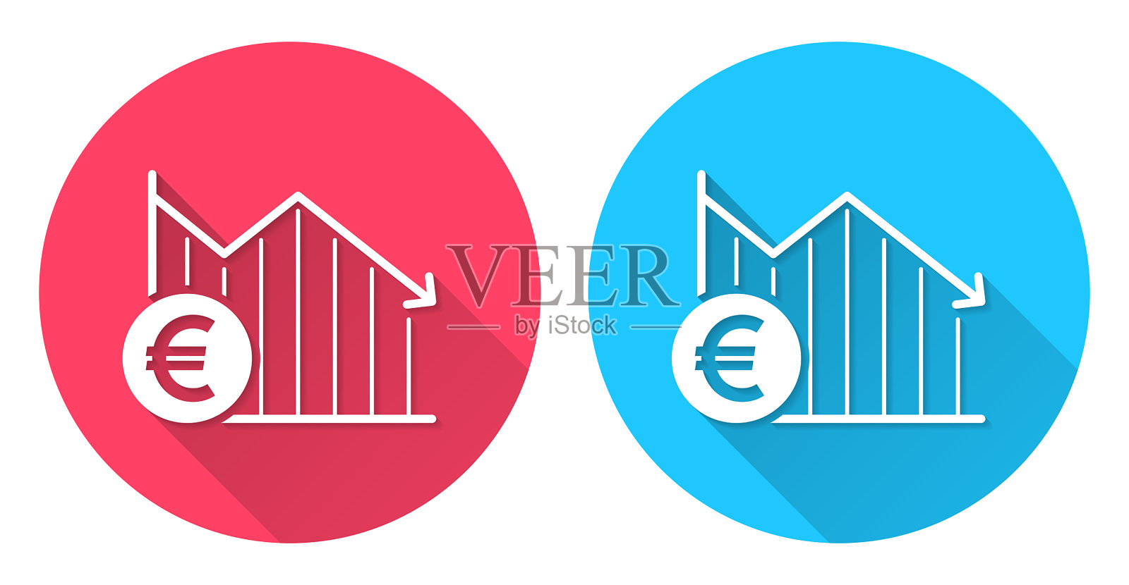 欧元硬币下降图。圆形图标与长阴影在红色或蓝色的背景插画图片素材
