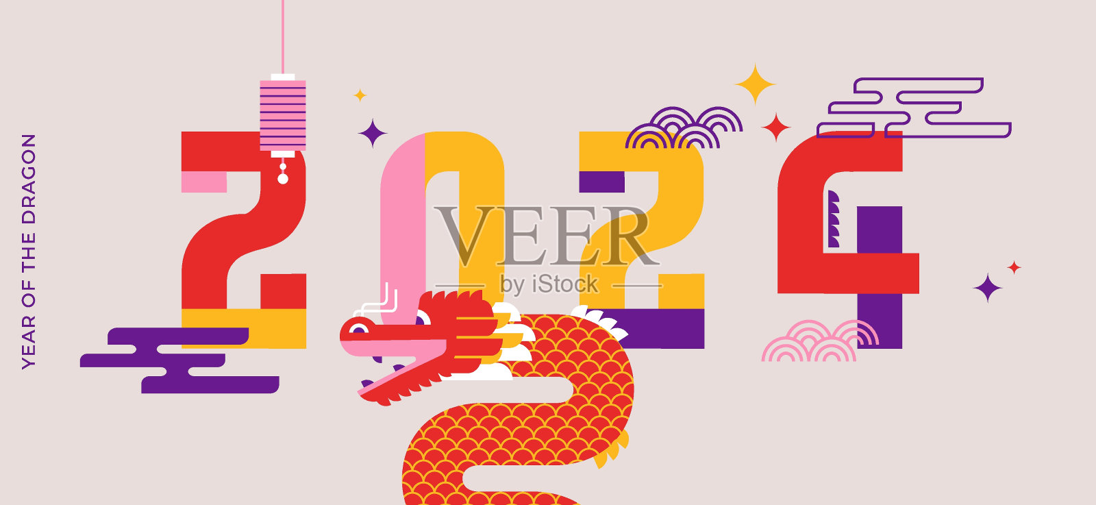 农历新年垂直背景，横幅，社交媒体故事模板。中国新年2024年，龙年。几何现代矢量风格插画图片素材