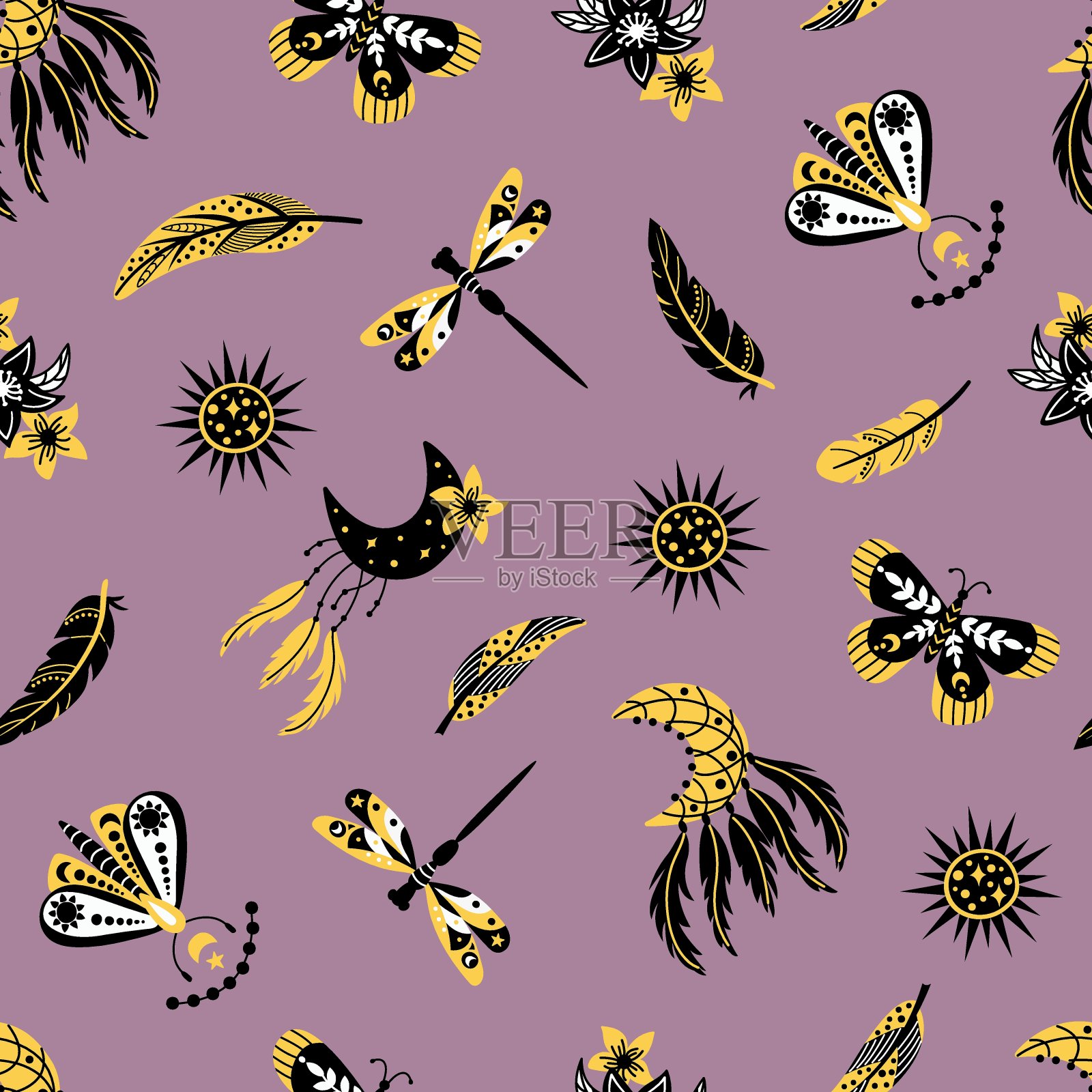 天体的无缝图案和神秘的魔法元素在复古波西米亚风格。无尽的纹理为您的设计。插画图片素材