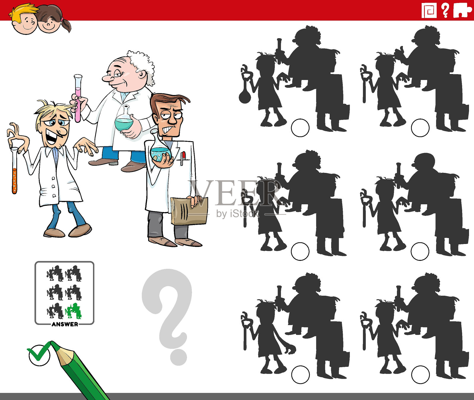 与卡通科学家或发明家的影子游戏插画图片素材