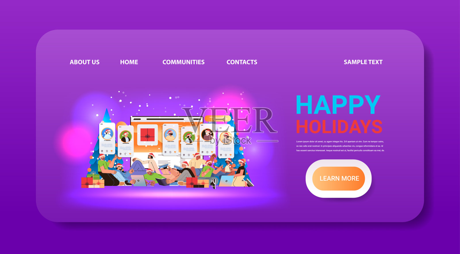 混合种族的人戴着圣诞老人的帽子在社交媒体应用程序中聊天数字通信概念新年假期庆祝活动插画图片素材