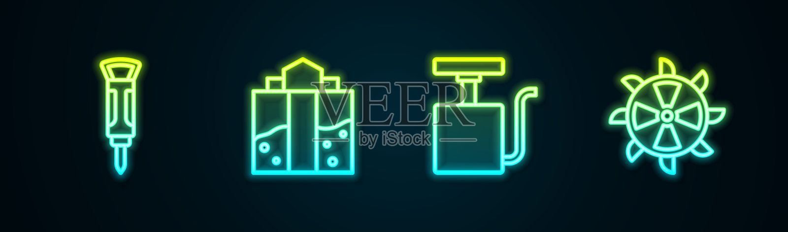 成套施工手提钻、矿井入口、手柄雷管、斗轮挖掘机。发光的霓虹灯图标。向量插画图片素材