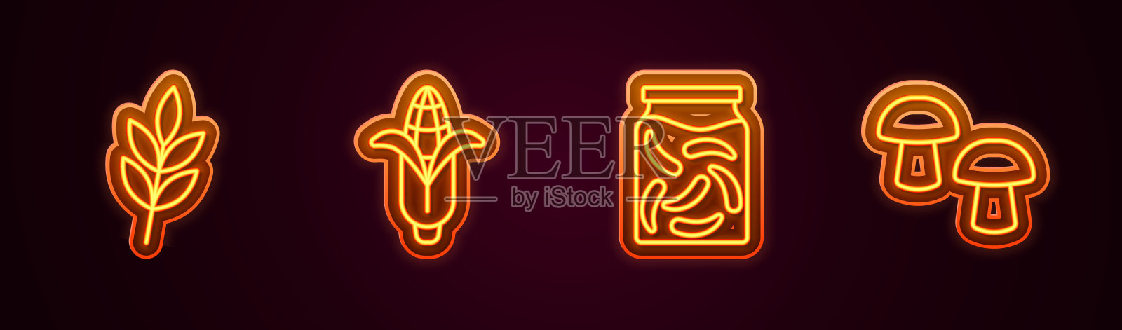 将叶子、玉米、腌黄瓜和香菇排成一行。发光的霓虹灯图标。向量插画图片素材