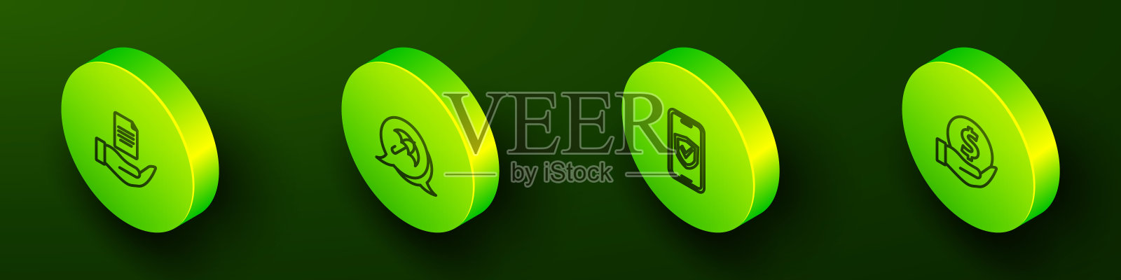 设定等距线合同在手，伞，保险在线和金钱与盾牌图标。向量插画图片素材